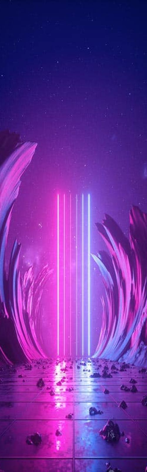 3d render, abstract background, cosmic landscape, alien portal, pink blue neon light, virtual reality, energy source, glowing laser lines, dark space, ultraviolet spectrum, mountains, rocks, ground